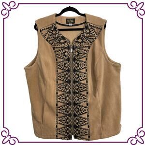 Bob Mackie Wearable Art Black Sequin & Embroidered Fleece Vest Tan 3X